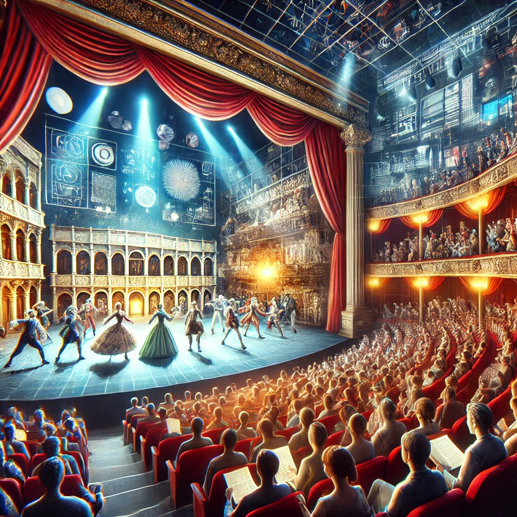 Dall·e 2024 09 09 21.38.23 An Artistic Depiction Of The Rise Of Theaters, Showing A Vibrant Theater Scene With A Packed Audience Watching A Live Performance On Stage. The Stage