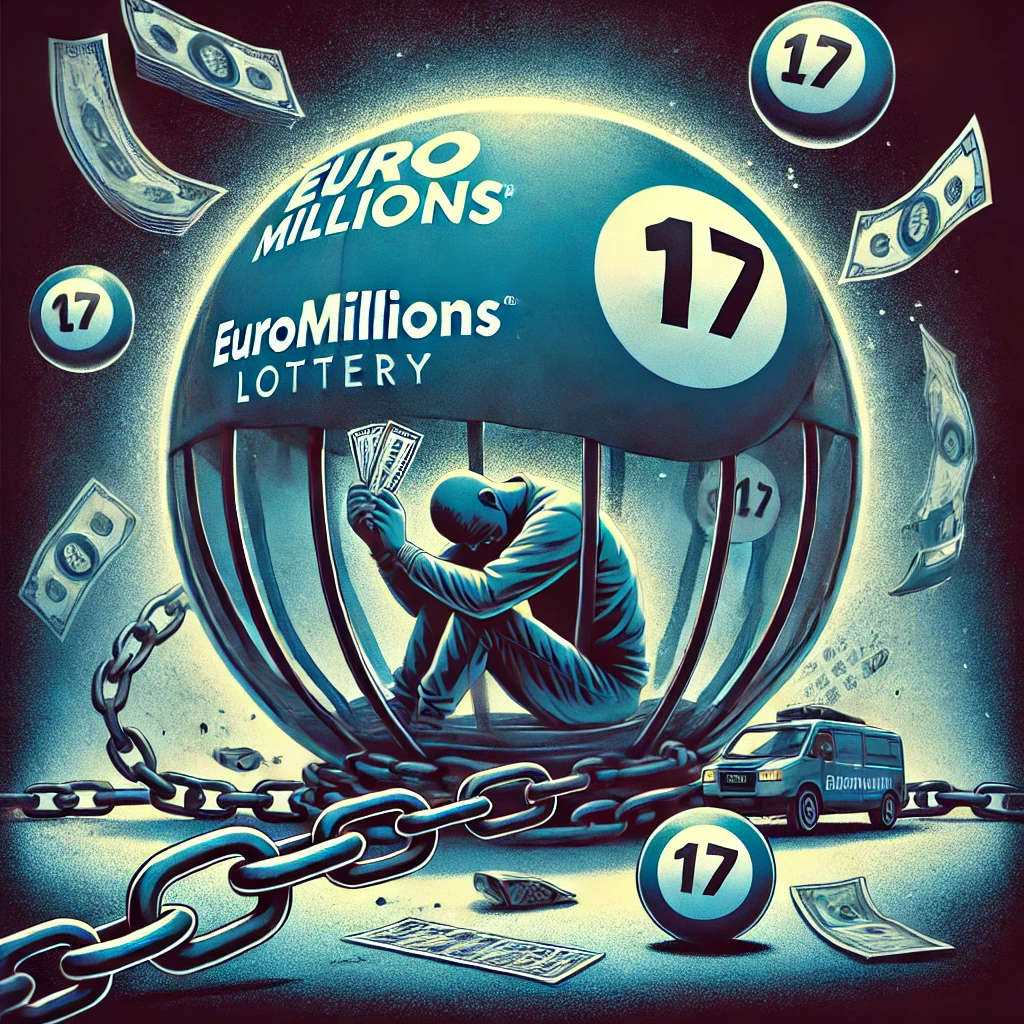 Dall·e 2024 09 09 21.55.06 An Illustration Depicting Addiction To Gambling, Particularly Focusing On Euromillions. The Image Shows A Person Trapped Inside A Giant Euromillions L