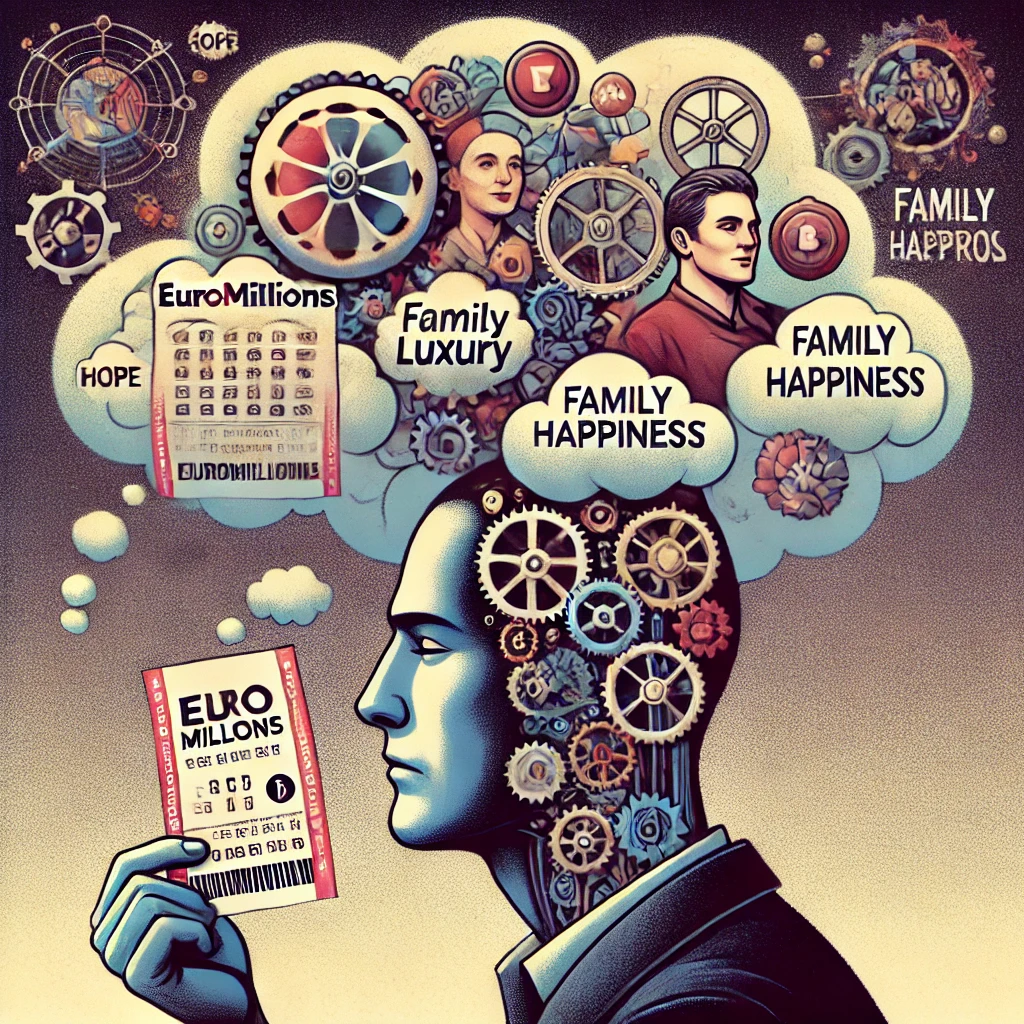 Dall·e 2024 09 09 21.59.24 An Illustration Depicting The Psychological Reasons Why People Play Euromillions And Other Games Of Chance. The Image Shows A Person Holding A Lottery